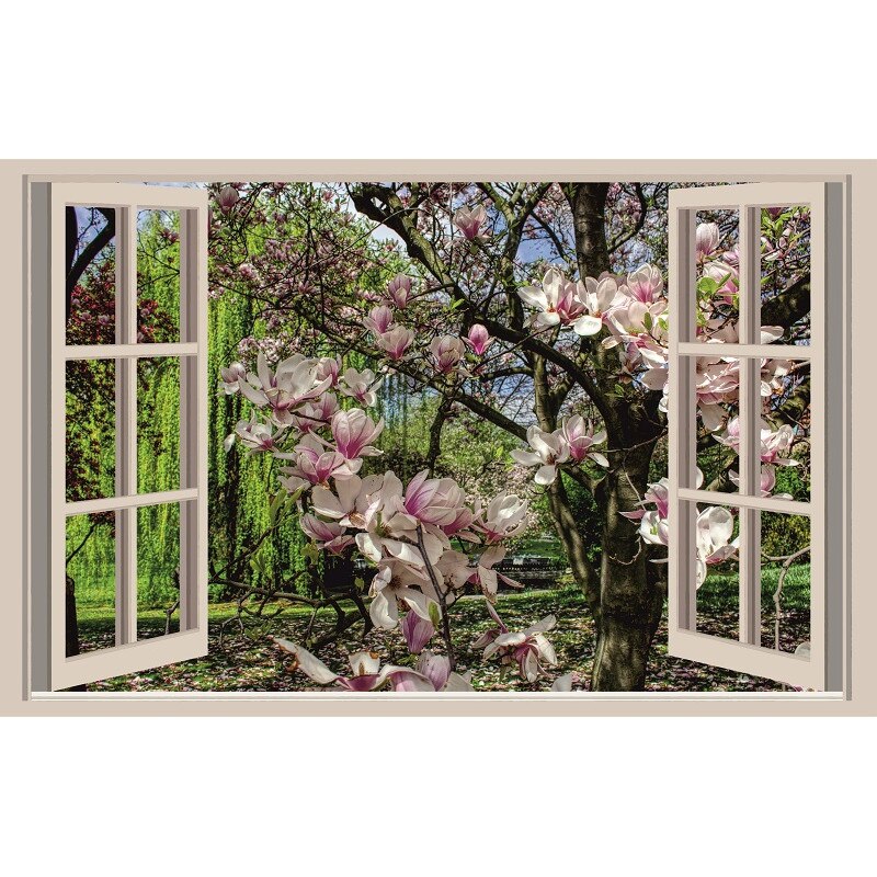 Tablou Canvas,Magnolie inflorita la fereastra, 80 x 50 cm, Rama lemn, Multicolor